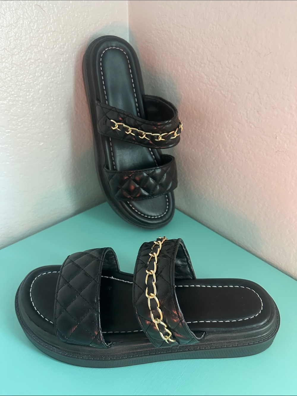 Quilted Black faux leather slide sandals size 39 w/ Gold Chain Detail-used once